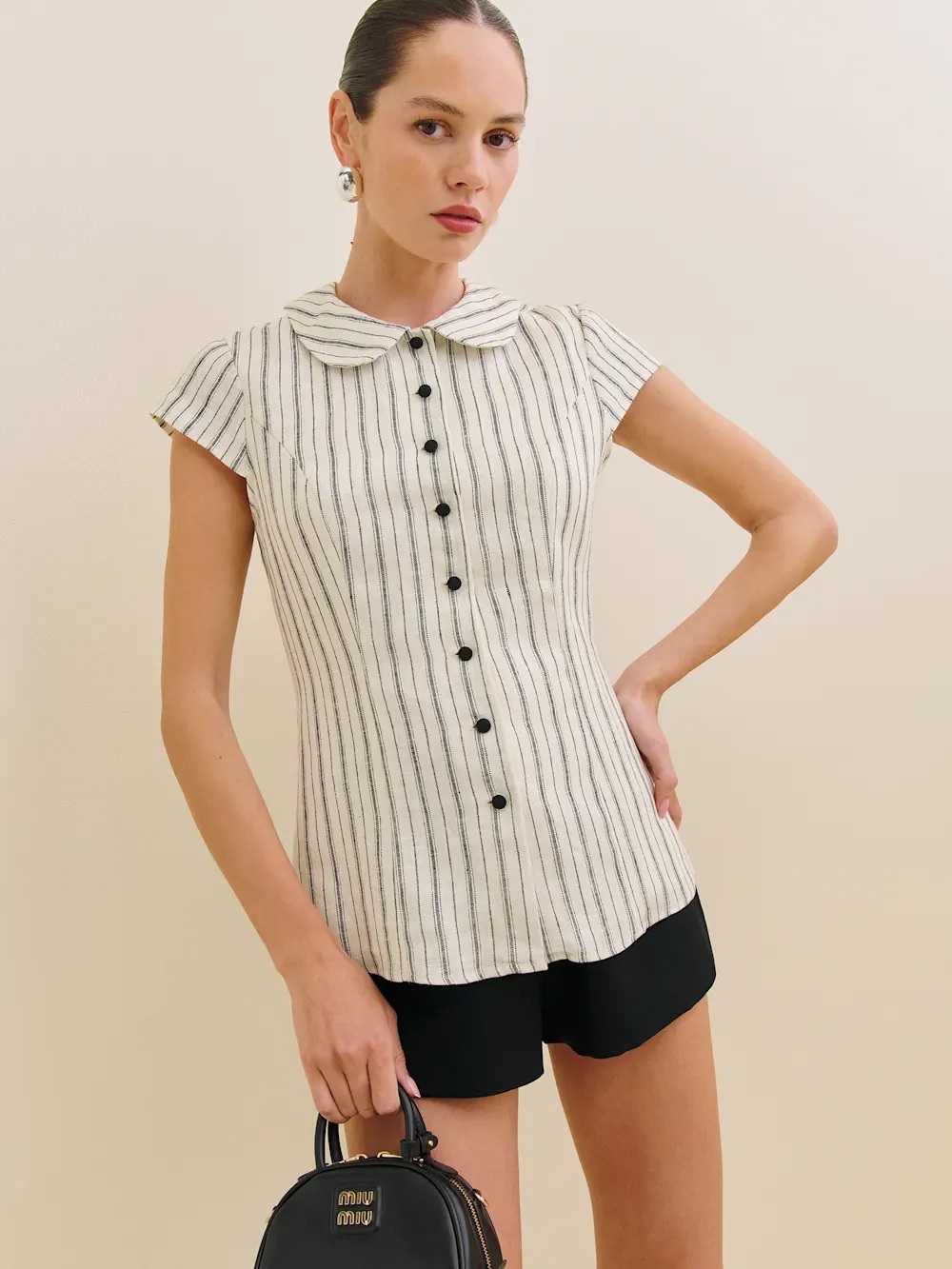 Reformation Molly Linen Shirt (size 4) - NWT - beige with black stripes
